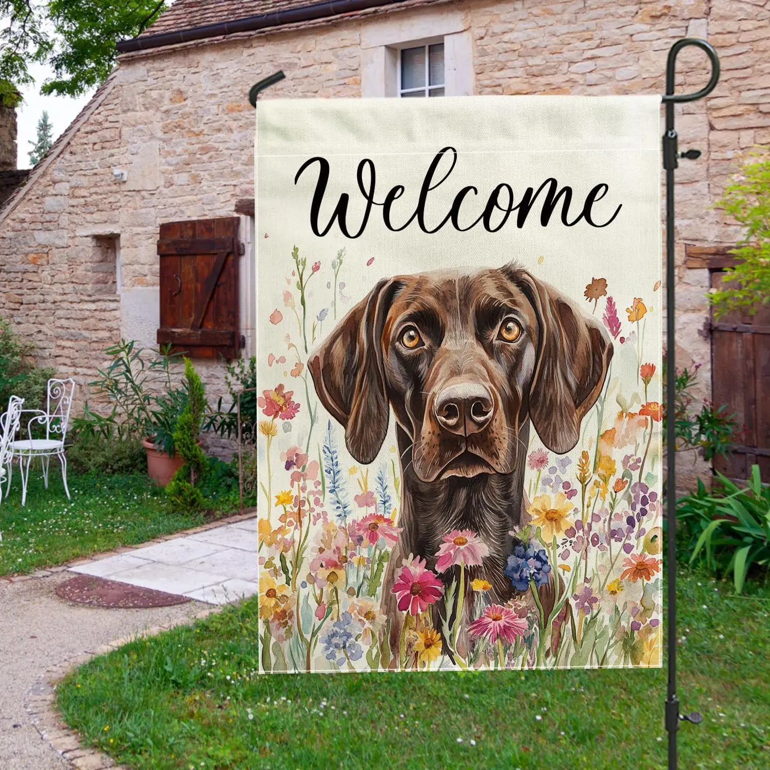 Spring German Shorthaired Dog Garden Flags 12x18 Inch Double Sided for Outside, Fun Puppy Watercolor Standard Vertical Canva uui
