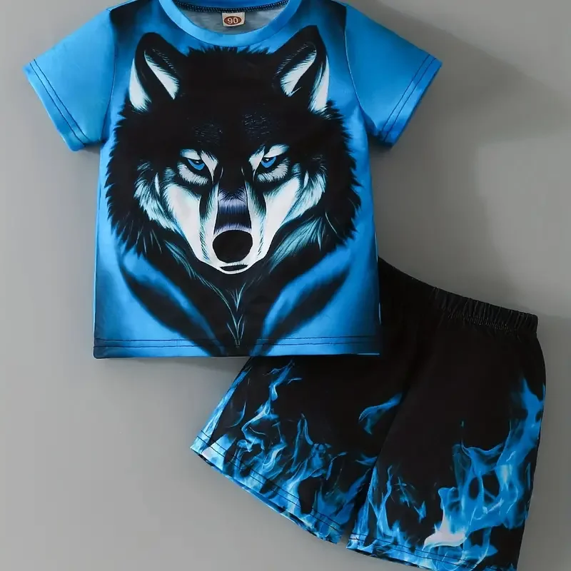 Boys Wolf & Flame Pattern Print T-Shirt And Shorts Set, Casual Short Sleeve Top And Pants For Summer Toddlers Kids Children