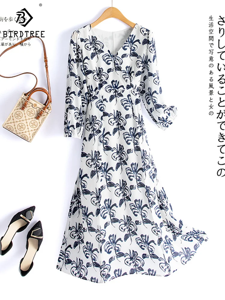

Birdtree 100%Natural Silk Elegant Dresses Women V Neck Floral Print Belt Commuting Dress Vacation Party Summer Autumn D38553QM