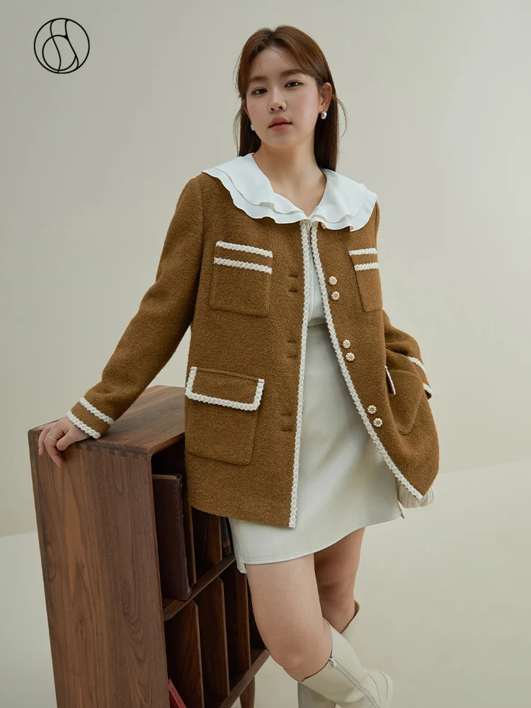 

DUSHU Vintage Style Elegant Sense Round Neck Woolen Coat for Women 2023 Winter Niche Design Terry Woolen Jackets Female