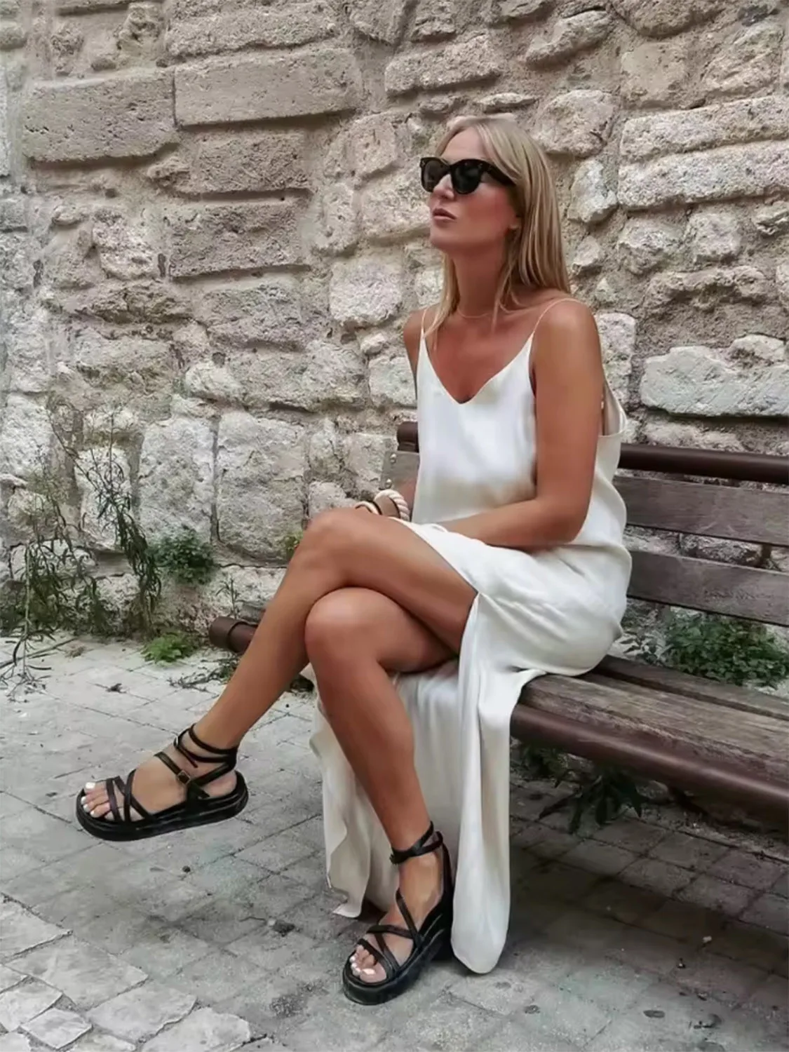 2025 mulheres verão vestidos longos sem mangas sem costas dupla camada cor sólida suspender cetim sexy vestidos femininos