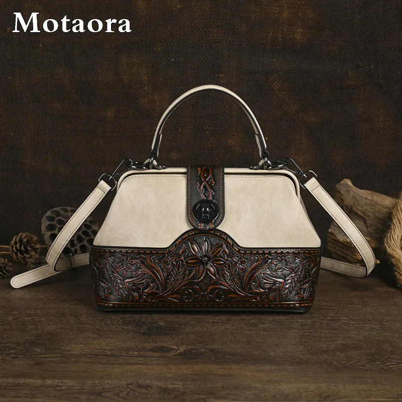 

MOTAORA Vintage Women's Crossbody Bag Color Block Literary Embossed Floral Leather Handbag Adjustable Strap Daily Use Gift Purse