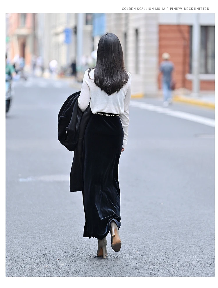 Light Luxury Mulberry Silk Velvet Women's Skirt Brown Long Simple Skirt Fashion Street Dress Soft Comfortable Business Casual