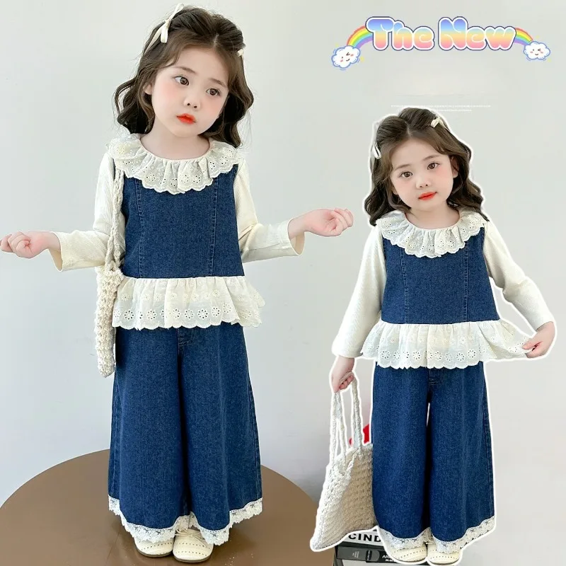

Комплекты одежды для девочек, модный детский кружевной джинсовый жилет без рукавов + длинные штаны, хлопковые рубашки, комплекты из трех предметов, новинка 2023 года