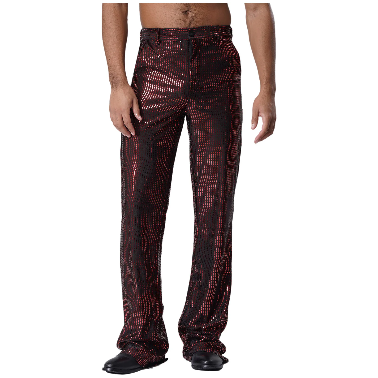 Men Party Disco Dance Sequin Flared Pants Clubwear Shiny Allover Glittery Pockets Trousers Music Party Stage Performance Costume