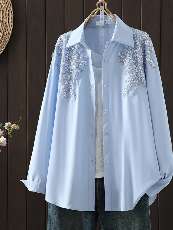 

Loose Casual Long Sve irt Women's plus Size Casual Sle Loose Fit Belly Covering irt Coat Turn-down Collar Spring Wear