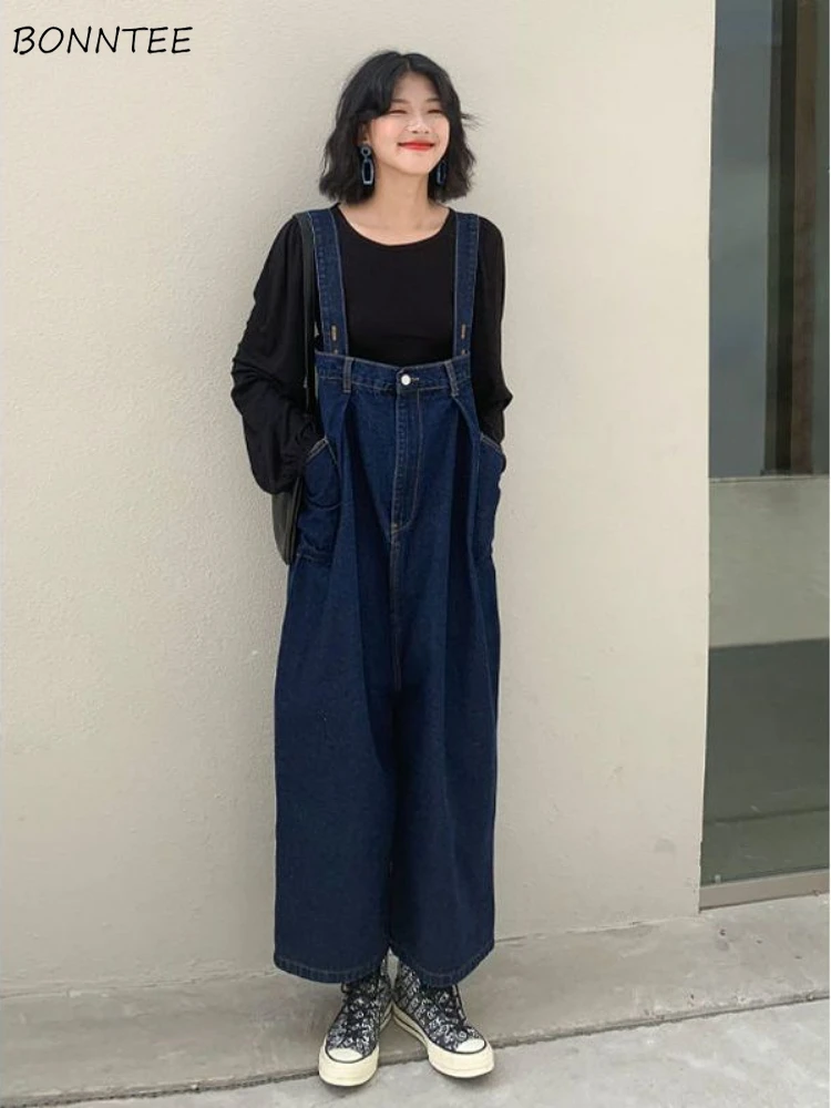 

Denim Jumpsuits Women Baggy Solid Straight Wide Legs Vintage Spring Summer Korean Style 3XL Chic Students Leisure All-match BF