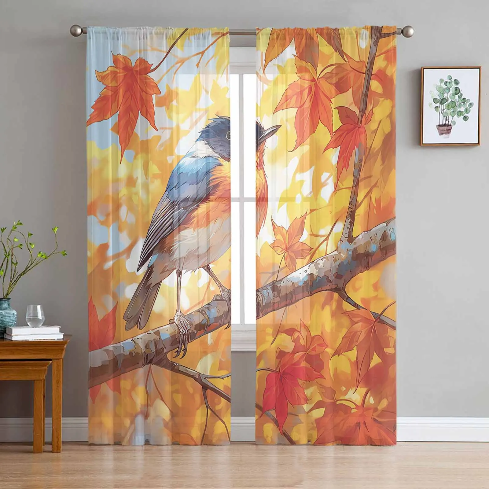 

Autumn Maple Leaf Bird Blue Sky Season Sheer Curtains for Living Room Bedroom Window Treatment Kitchen Chiffon Curtain