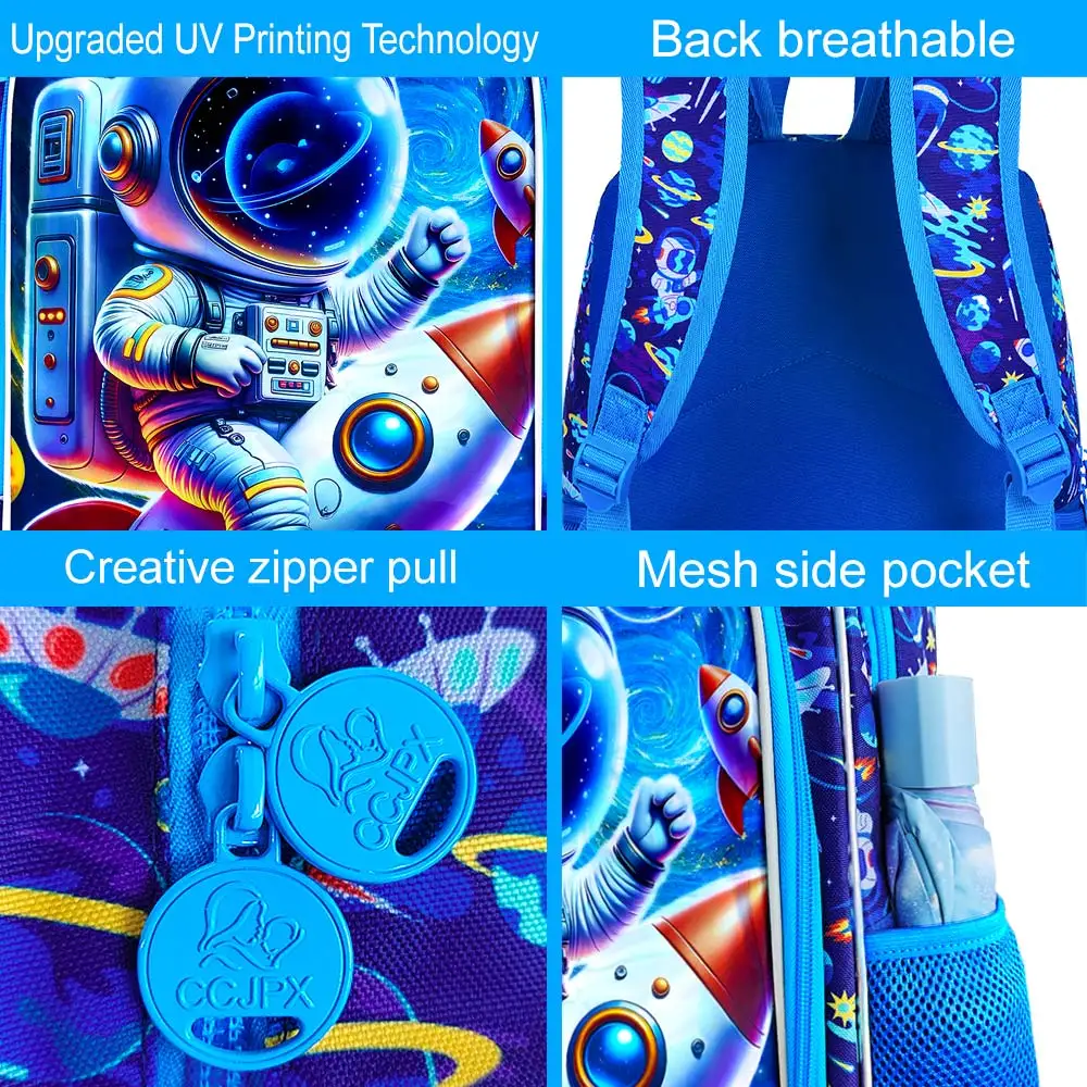 3 قطع حقائب ظهر للأولاد، حقيبة كتب للأطفال مقاس 16 بوصة مقاومة للماء للأولاد، حقيبة ظهر خفيفة الوزن مع صندوق غداء - صاروخ رواد الفضاء #3