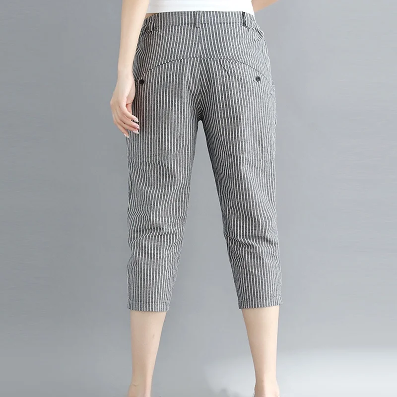 Taille haute coton lin sept pieds pantalon rayé chou Harlan pantalon asymétrique pantalons décontractés pour les femmes trajet Sle