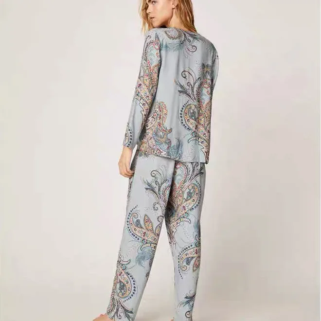 Women Cotton Viscose Pajamas Set Sleepwear Japanese Style Print Flower Feather Trouser Pijamas Suit Spring Autumn Loose Homewear