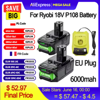 6Ah For RYOBI P108 18V One+ Plus Battery 18 Volt Lithium-Ion Power Tools P104 P107 RB18L50 RB18L20 P108