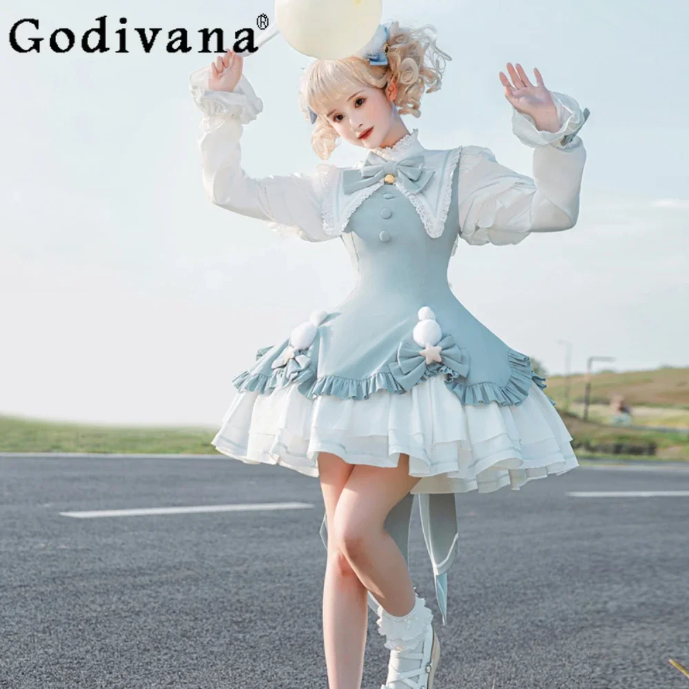 

Teen Op Lolita Dress Cute Sweet Blue Princess Kawaii Winter Christmas Party Bow Dress