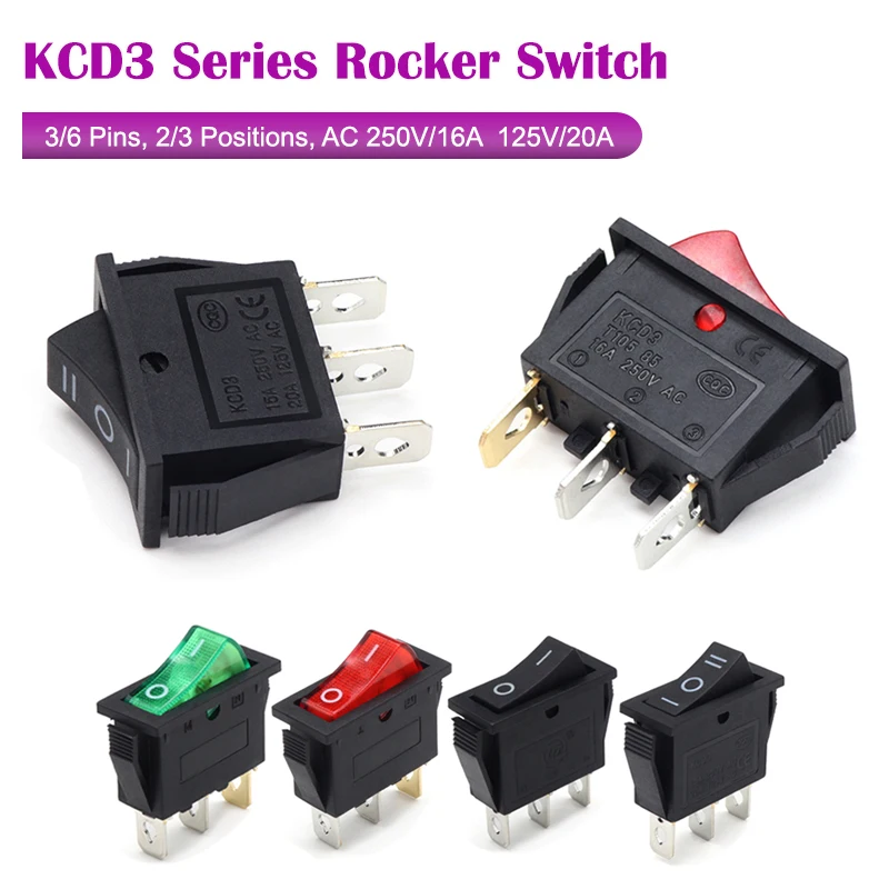 KCD3 Series Rocker Switch With LED 2/3 Position 16A 250V/20A 125VAC Universal Push Button Electrical Equipment Power Switches