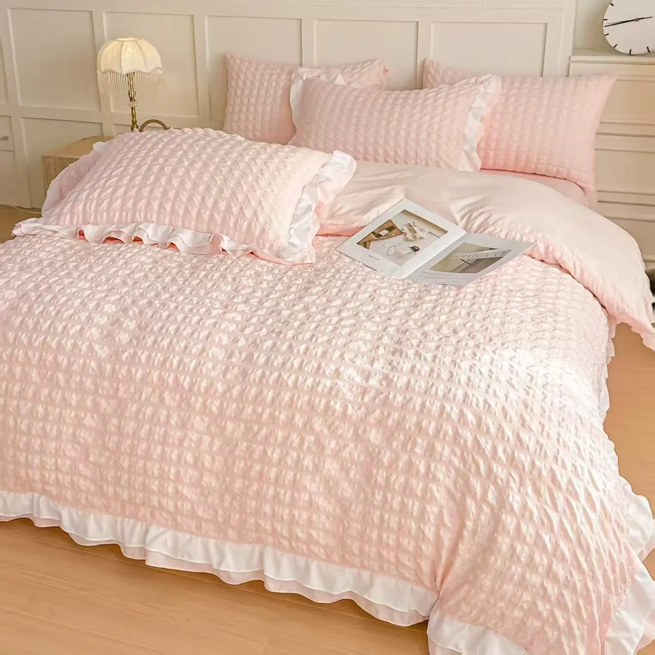 Korean Princess Bedding Set Soft Skin-friendly Breathable Ruffle Duvet Cover Set Solid Color Seersucker Quilt Covers Pillowcase