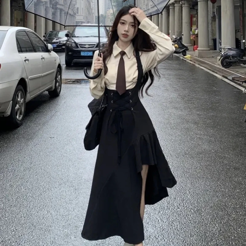 Spring New Preppy Style Short Shirt with Tie Bandage Sleeveless Irregular Dresses Set Korean Lady Fashion Outfits 2023 New Suit