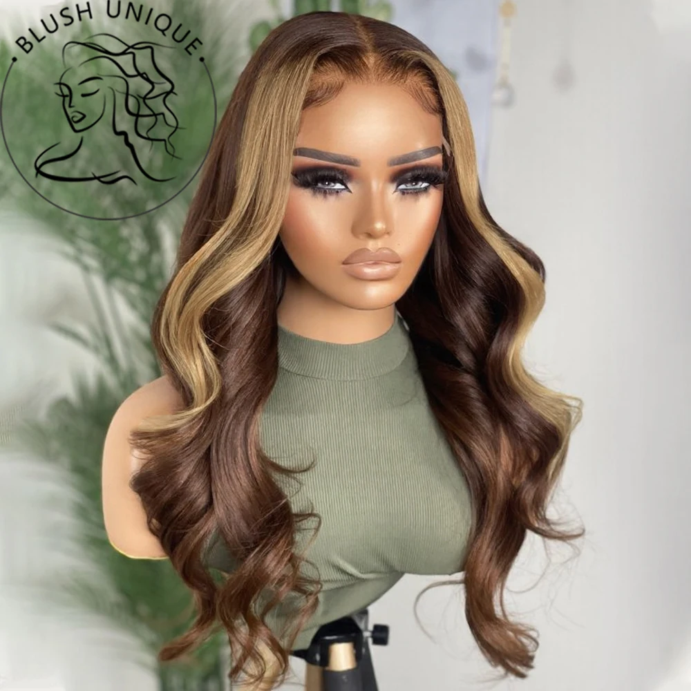 

HD Шоколадно-коричневый парик фронта шнурка в полоску Skunk Медовый блондин с коричневой объемной волной Парики фронта шнурка Синтетические бесклеевые парики с эффектом омбре