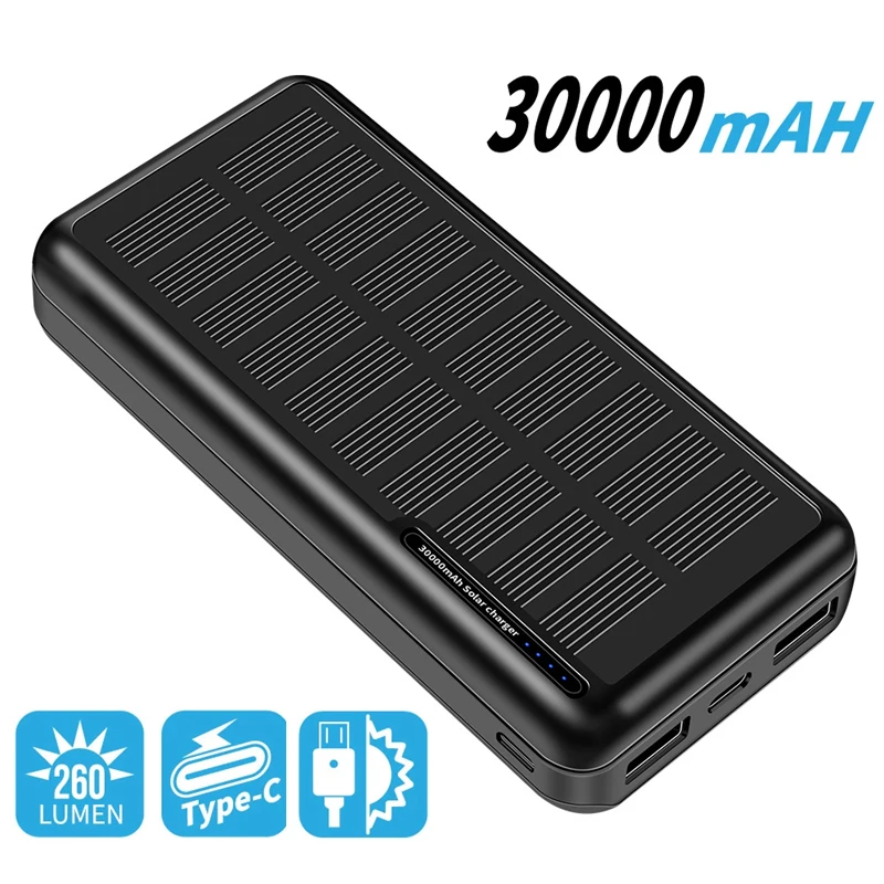 

Портативное зарядное устройство на солнечной батарее емкостью 30000 мАч для iPhone Samsung S20 Xiaomi Powerbank для iPad, внешнее зарядное устройство
