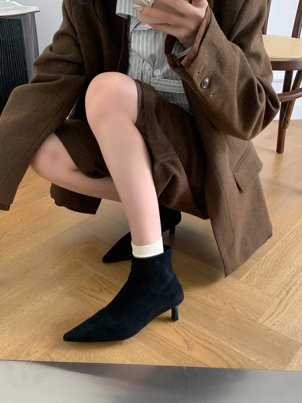 Pointed Toe Women Ankle Boots Black Beige Brown Khaki Short Boots Fashion Dress Shoes Thin Mid Heels Stretch Shoe Party Pumps 39