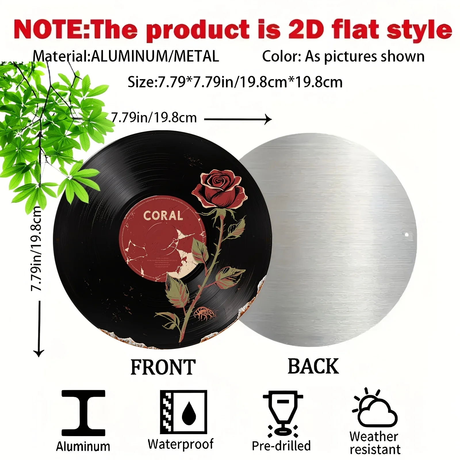 2D Flat - 1pc of Vintage Vinyl Record Wall Decoration in a Flat Round Shape, Featuring a Black And Floral Design with a Red Rose