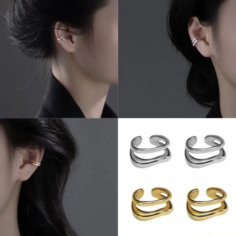 31BF Brass Ear Cuff Geometric C Double Layer Clip On Earrings for Everyday Wear