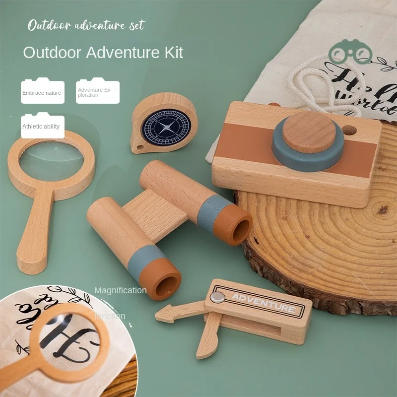 LazyChild Children Fun Outdoor Adventure Set Wooden Telescope Compass Magnifying Glass Camera Early Education Cognitive Toy