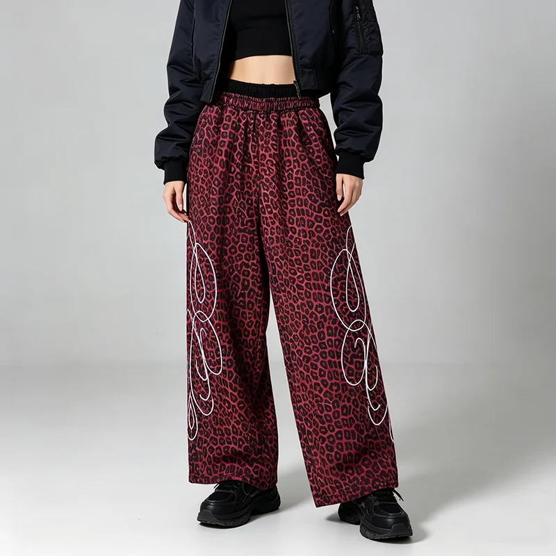 Women's Y2K rose red leopard print wide leg pants with abstract letter patterns, casual loose pants with waist, autumn fashion