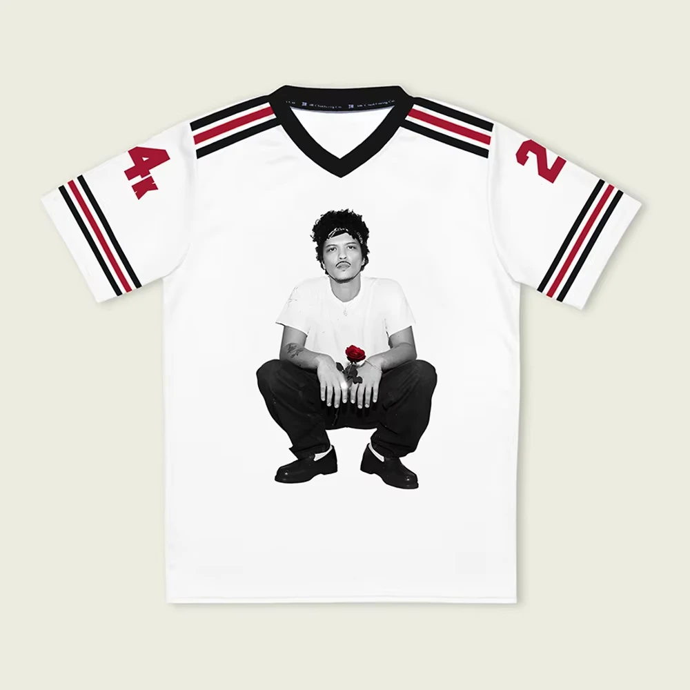 Bruno Mars The Romantic Tour 2026 Jersey V-neck Short Sleeve Male Tees Summer Unisex Streetwear 3D Printing Design Merch