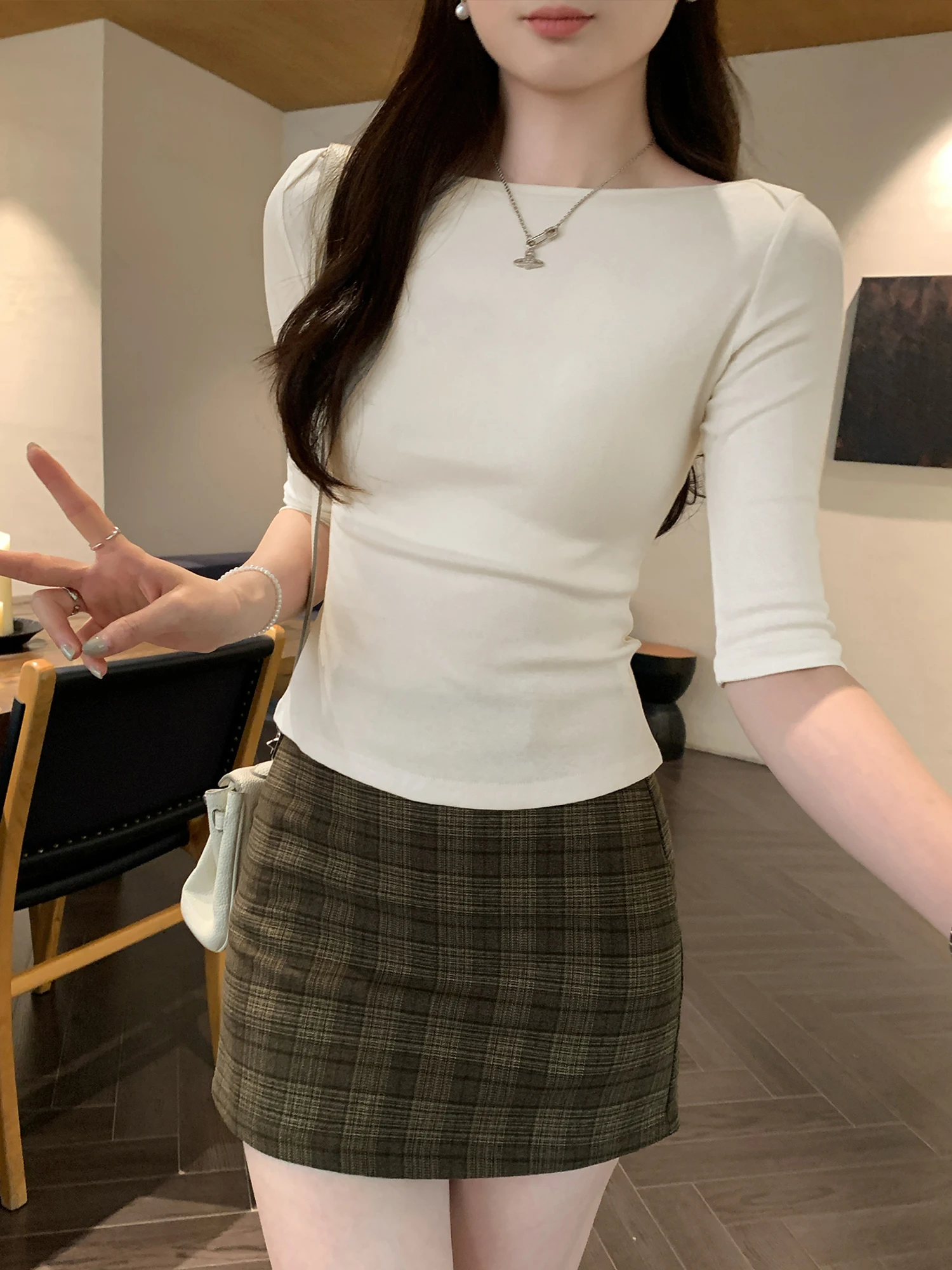 Chic Korean Sle Women's Slim Fit T-irt Summer 2025 New Faion Unique Collar Design Breathable Cotton Moisture ng