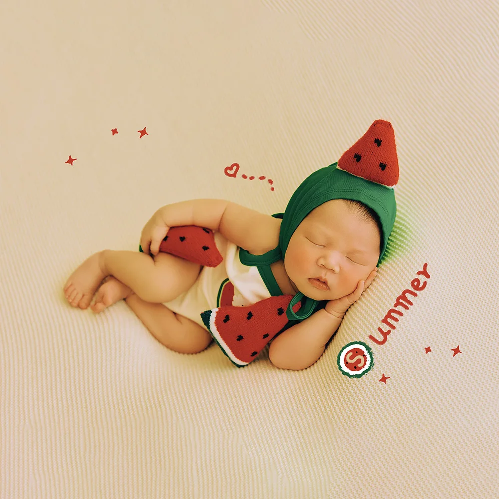 Baby Bodysuits Hat Newborn Photography Outfits Wool Blanket Background Watermelon Decorative Props Summer Theme Shooting Props