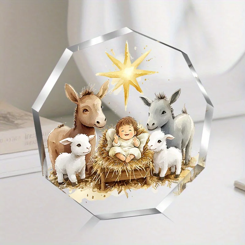 Donkey and Sheep Nativity Scene Acrylic Sign, 3.94x3.94in Polygonal Plaque for Christmas Thanksgiving Halloween Gift