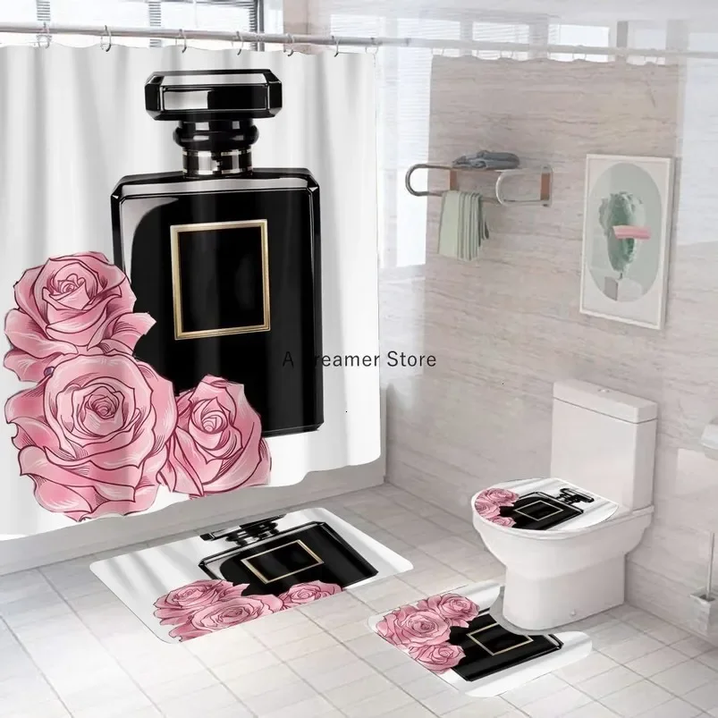 4 Pcs Perfume Shower Curtain Set Waterproof Fabric Bath Curtain Fashion Non-Slip Bath Mat Toilet Lid Cover Bathroom Decor