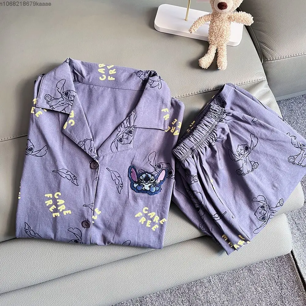 Disney Stitch Cute Home Clothes Women\'s Summer Pajamas 2 Piece Set Top Shirt Shorts Y2k Trendy Nightdress Suit Couples Sleepwear