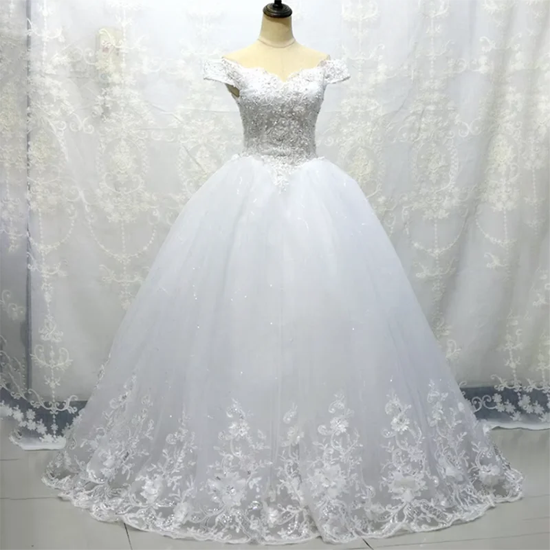 Novo vestido de noiva 2025 tamanhos personalizados branco marfim barco pescoço frisado apliques mangas boné vestido de casamento de renda