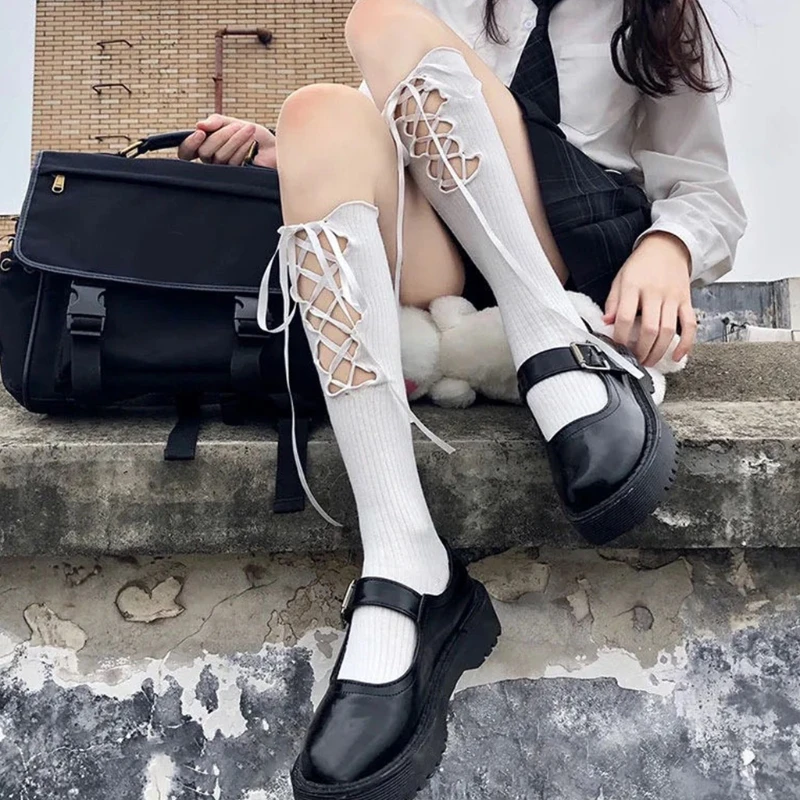 Japanese Women  Ribbed Knee High Socks Preppy Style  Cutout Criss-Cross Bandage Bowknot Solid Calf Stockings