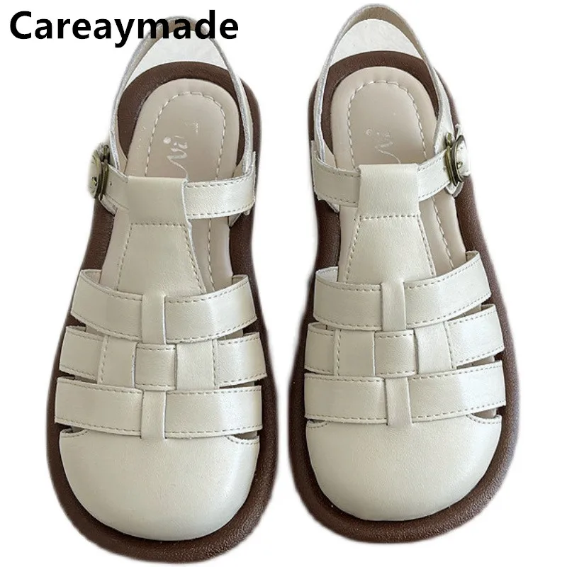 

Careaymade-Genuine leather Minimalist Roman Sandals Summer Shallow Mouth Pig Cage Flats Breathable Comfortable Women's Shoes