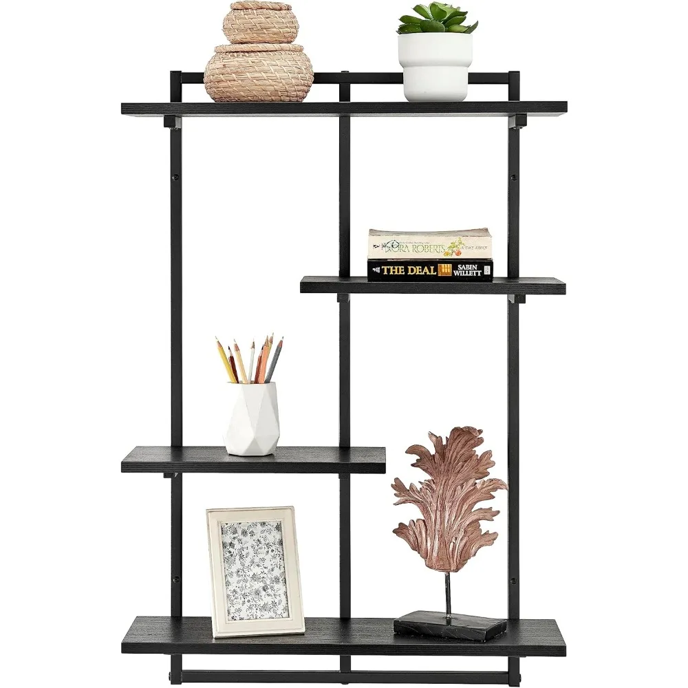 

4 Tier Modern Floating Windowsill Wall Shelf Unit with Metal Frame and MDF Shelves (Black/Black)