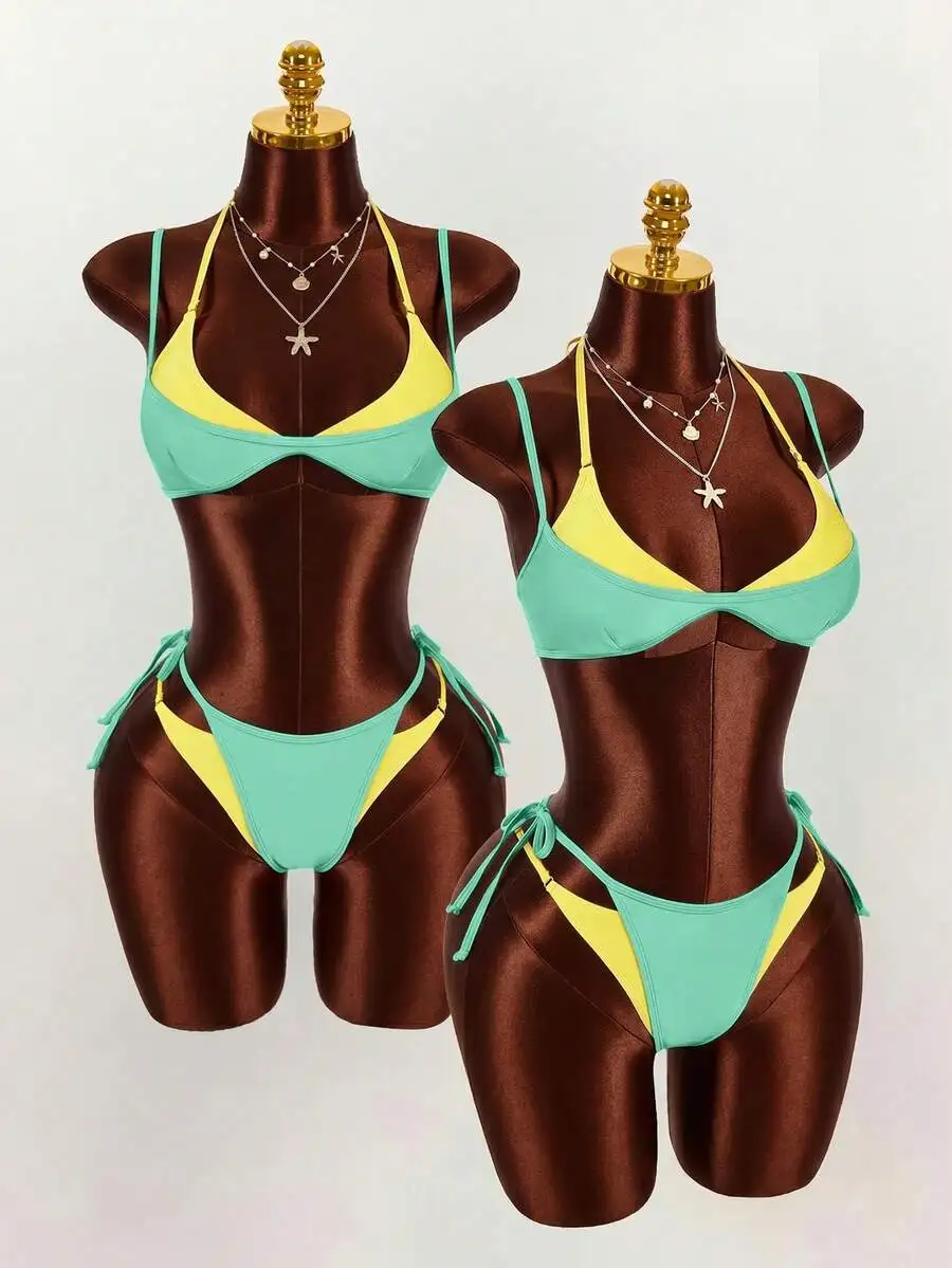 Womens Two Tone Bikini Set, Turquoise And Yellow Contrast Color, Triangle Top With Ties, Beach Vacation Swimwear
