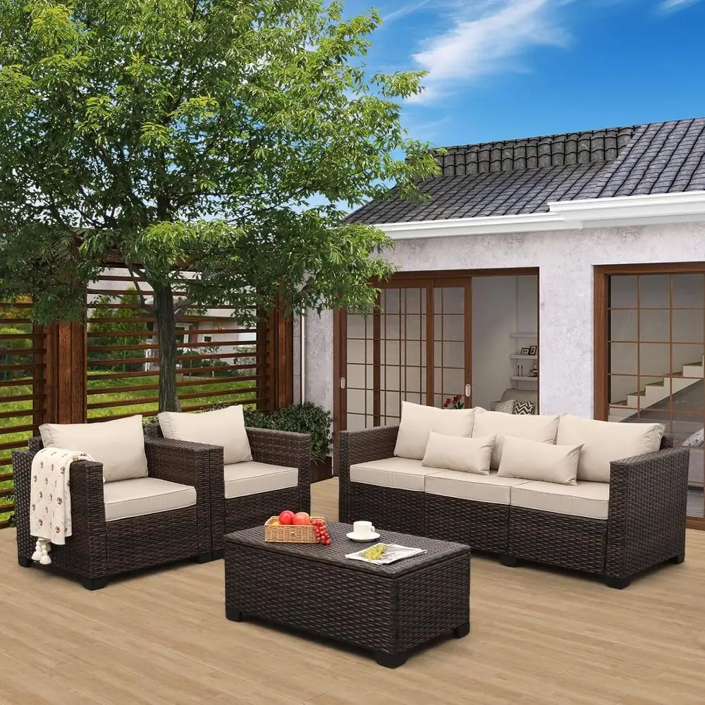 

Комплект садовой мебели из 4 предметов из плетеного ротанга с табуретом-столиком для хранения, нескользящими подушками и водонепроницаемыми чехлами, цвет хаки