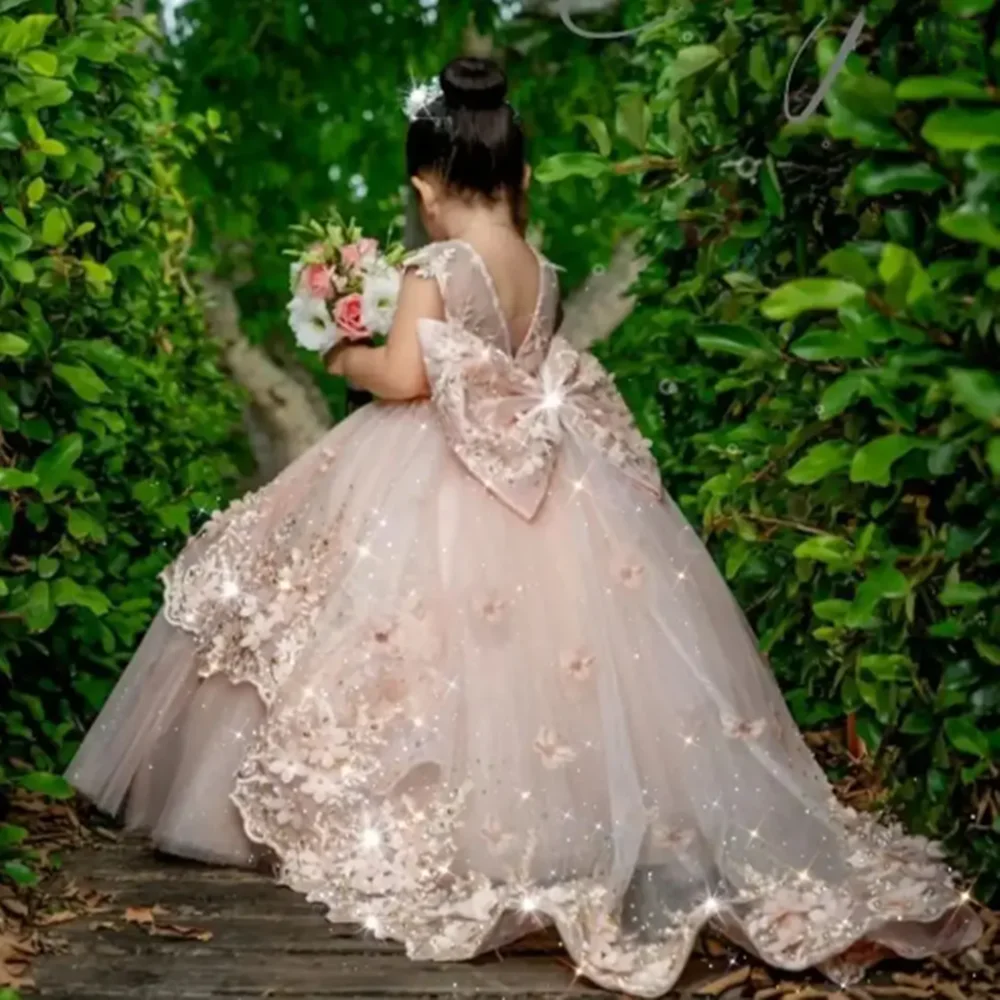 ชุดเดรสดอกไม้หรูหราสำหรับงานแต่งงานแอพพลิเคชันเปิดหลังพร้อมโบว์เด็กวันเกิดปาร์ตี้การศีลมหาสนิทครั้งแรกชุดบอล