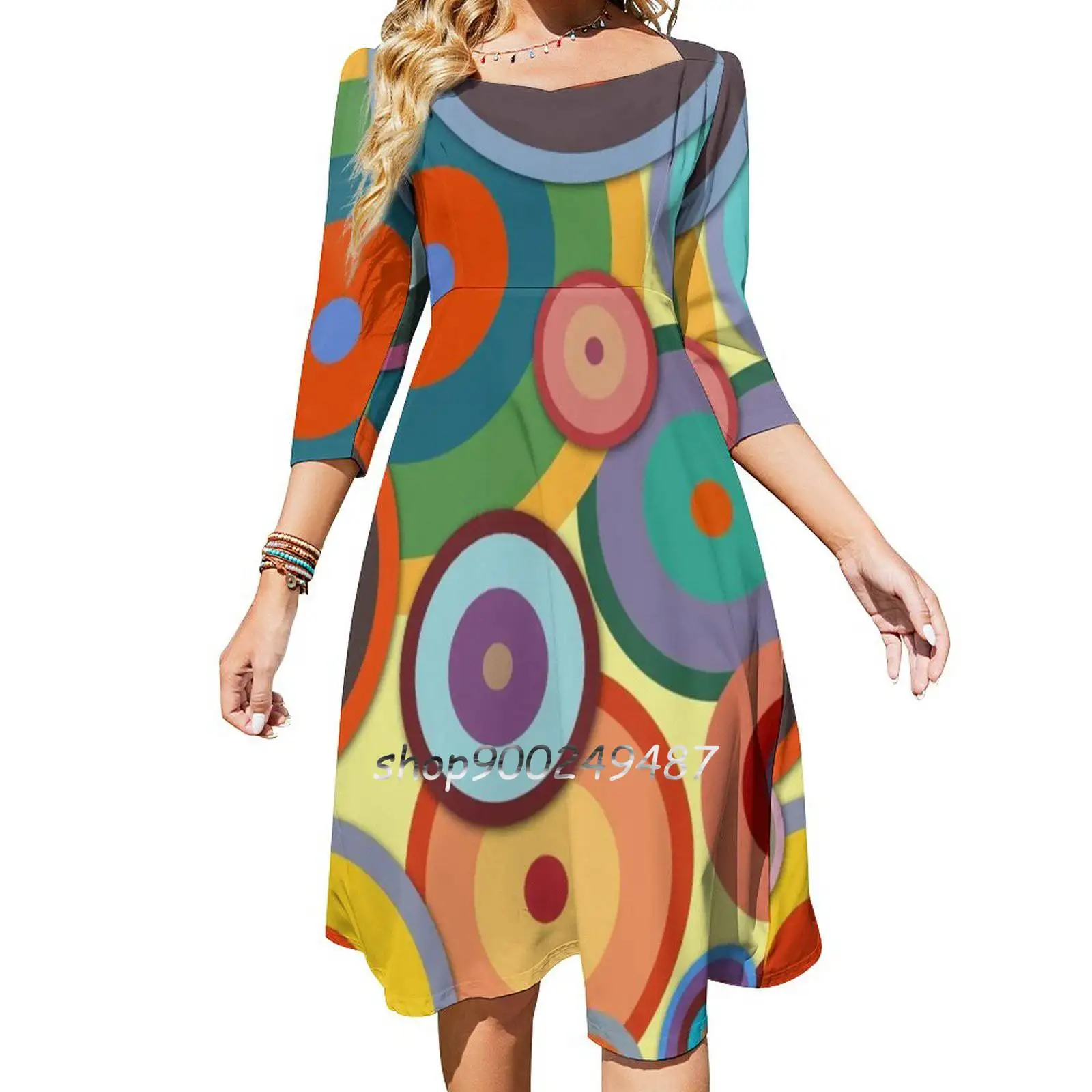 Kandinsky #3 Flare Dress Square Neck Dress Elegant Female Fashion Printed Dress Geometric Abstract Concentric Circles Colorful