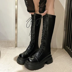 Women's Knee Length Lace Up Back Zipper Platform Fashionable Boots for Autumn and Winter, Women's Thigh Size Boots F18