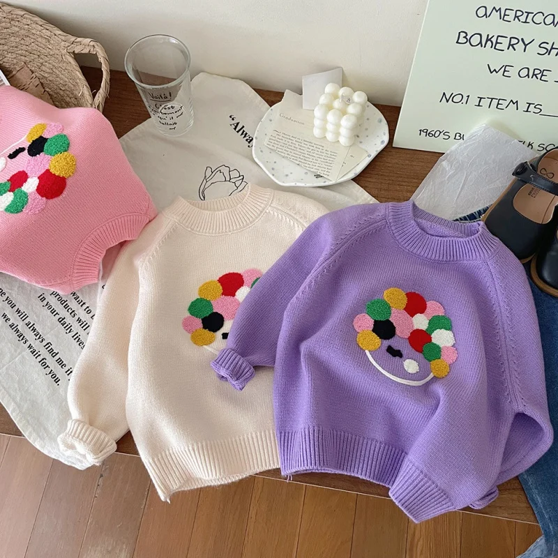 

Korean Style Children's Clothing Girl's Sweater Autumn New Baby Colorful Western Style Fur Ball Top Children's round Neck Coat A