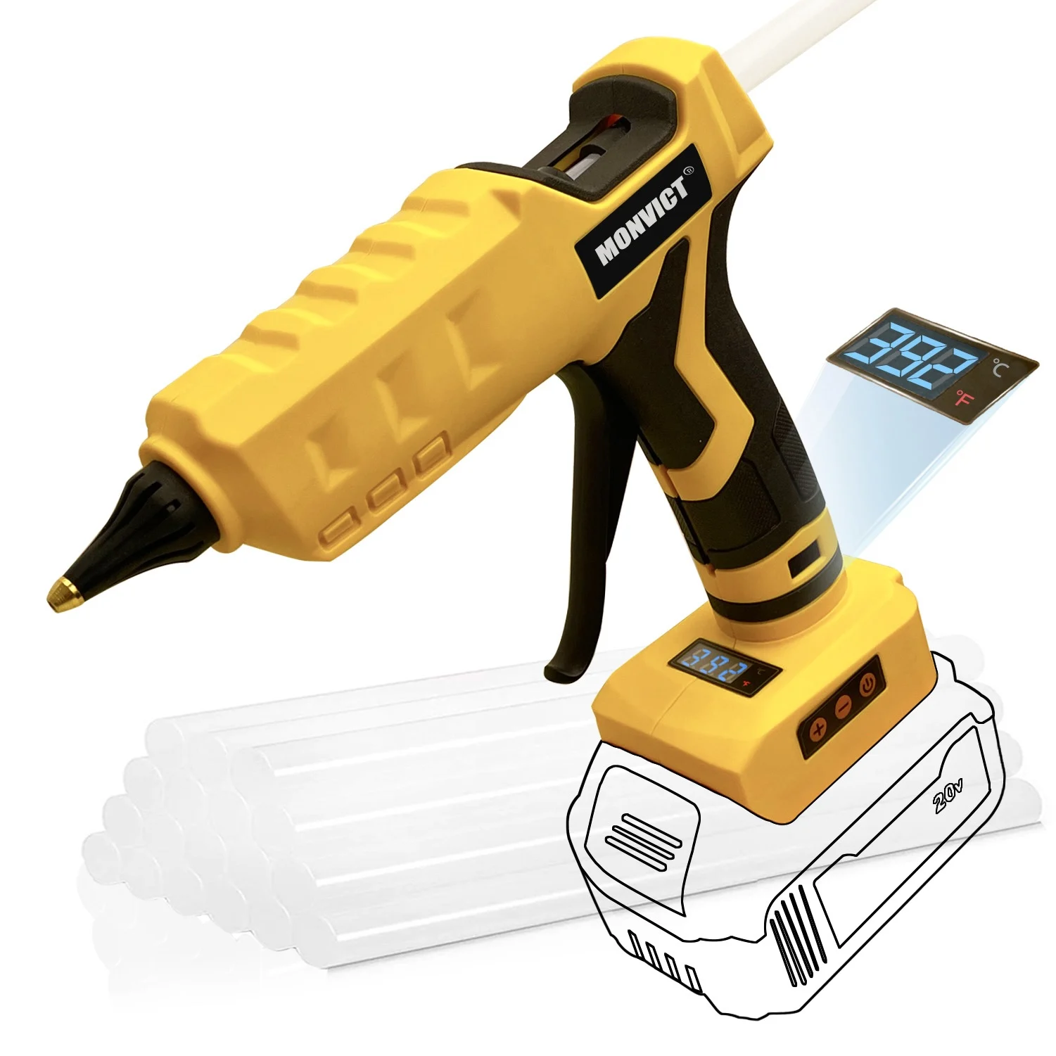 Cordless Glue Gun for Dewalt 20V Battery, Upgraded 100W Digital Temperature Adjustable Full Size Heavy Duty with 10 Glue Sticks