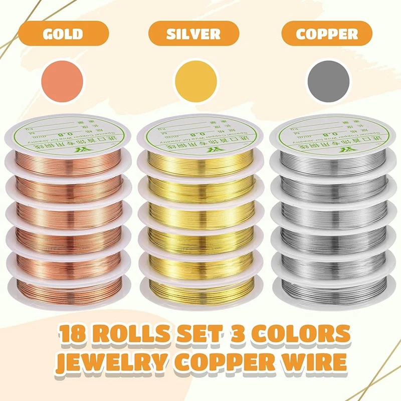 18 Rolls 420 Ft In Total Copper Wire For Jewelry Making With Needle Nose Pliers Jewelry Beading Wire 6 Sizes, 3 Colors Durable