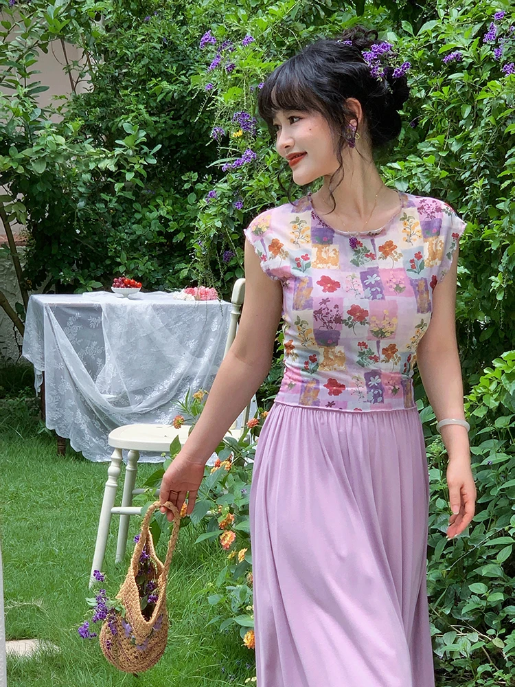 Yuan Ying Vintage Oil Painting Purple round Neck Short Sleeve Women's T-Shirt Lightweight Elastic Mesh Top Summer Fashion
