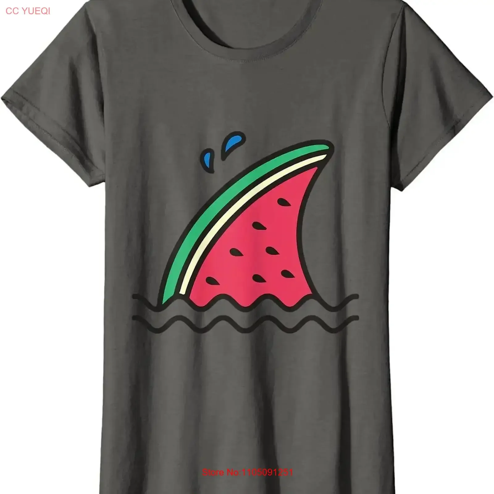 

Kawaii Watermelon Shark Fin Funny Family Ladies' Crewneck T Shirt vintage Washed homme designer clothes Comfortable Versatile