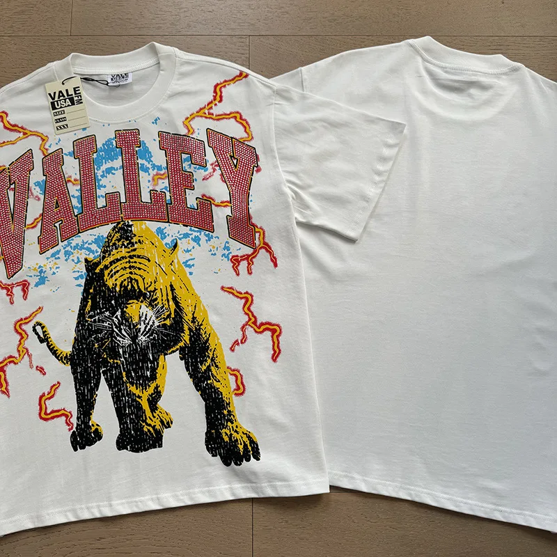 VALE FOREVER Vintage Monkey Wash Loose T-shirt Unisex Round Neck Tee Hotfix Rhinestone Letter Direct Spray Print