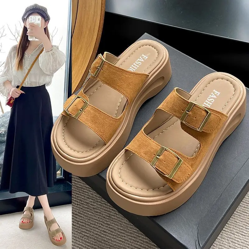 

Retro Small Platform Casual Beach Roman Shoes Women's Summer Wear Metal Buckle New Heightened Slip Slippers