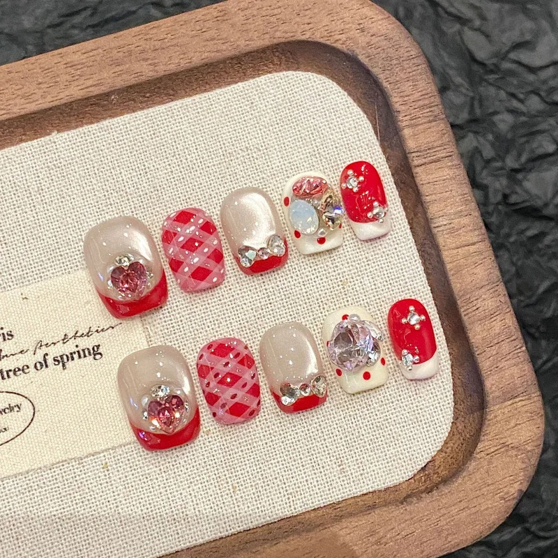 Red French Fake Nails Cat Eye False Nails Checkered Polka Dot Press on Nail with Diamond Design Nails Art Cute Sweet Nail Tips